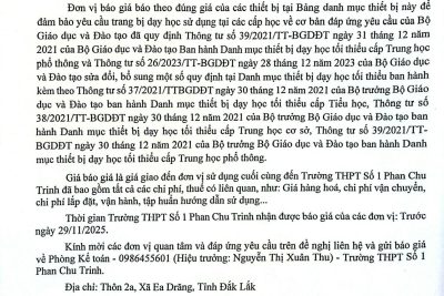 Thông báo Xin báo giá để xây dựng kế hoạch mua sắm thiết bị dạy học